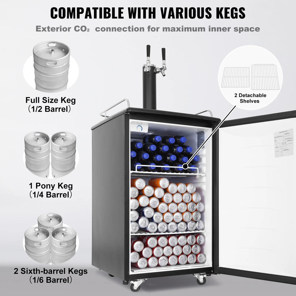 KFFKFF Draft Beer Dispenser Beer Kegerator Full Size Keg Refrigerator Dual Tap