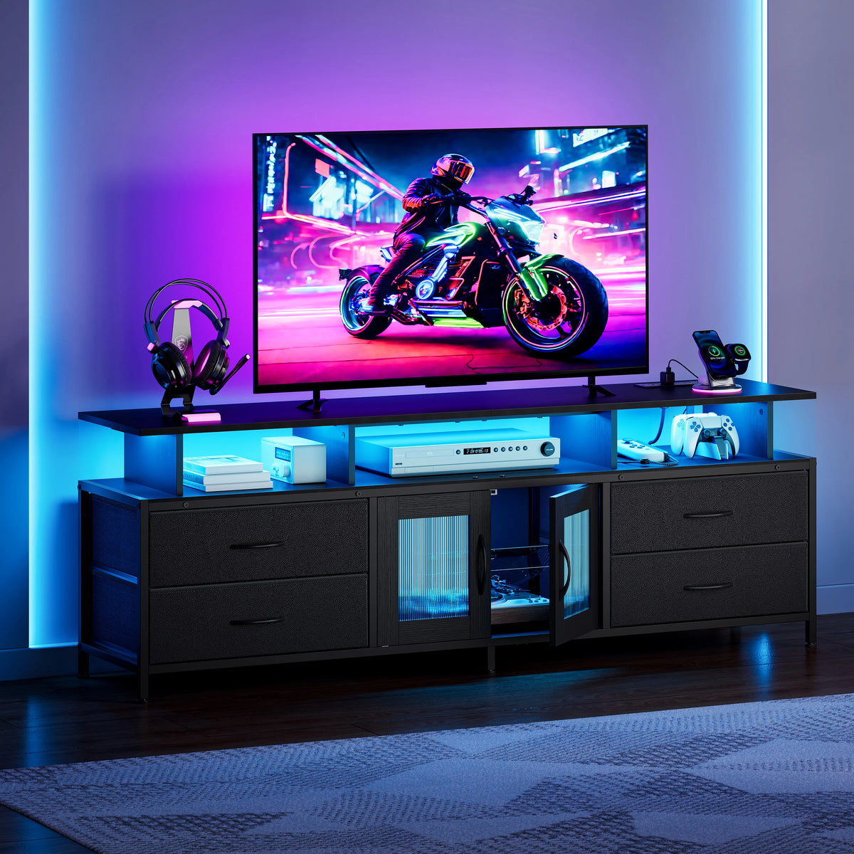 GUNAITO TV Stand for TV up to 70", Big TV Stand for Living Room Entertainment Center with LED Lights and 4 Fabric Drawers , Black