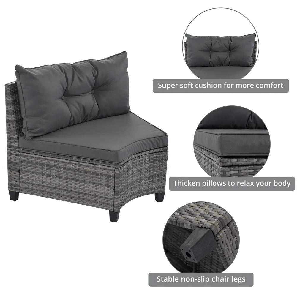 8 Pieces Outdoor Wicker Round Furniture Set, All Weather Half-Moon Sectional Patio Sofa Sets with Rectangular Coffee Table, Beige