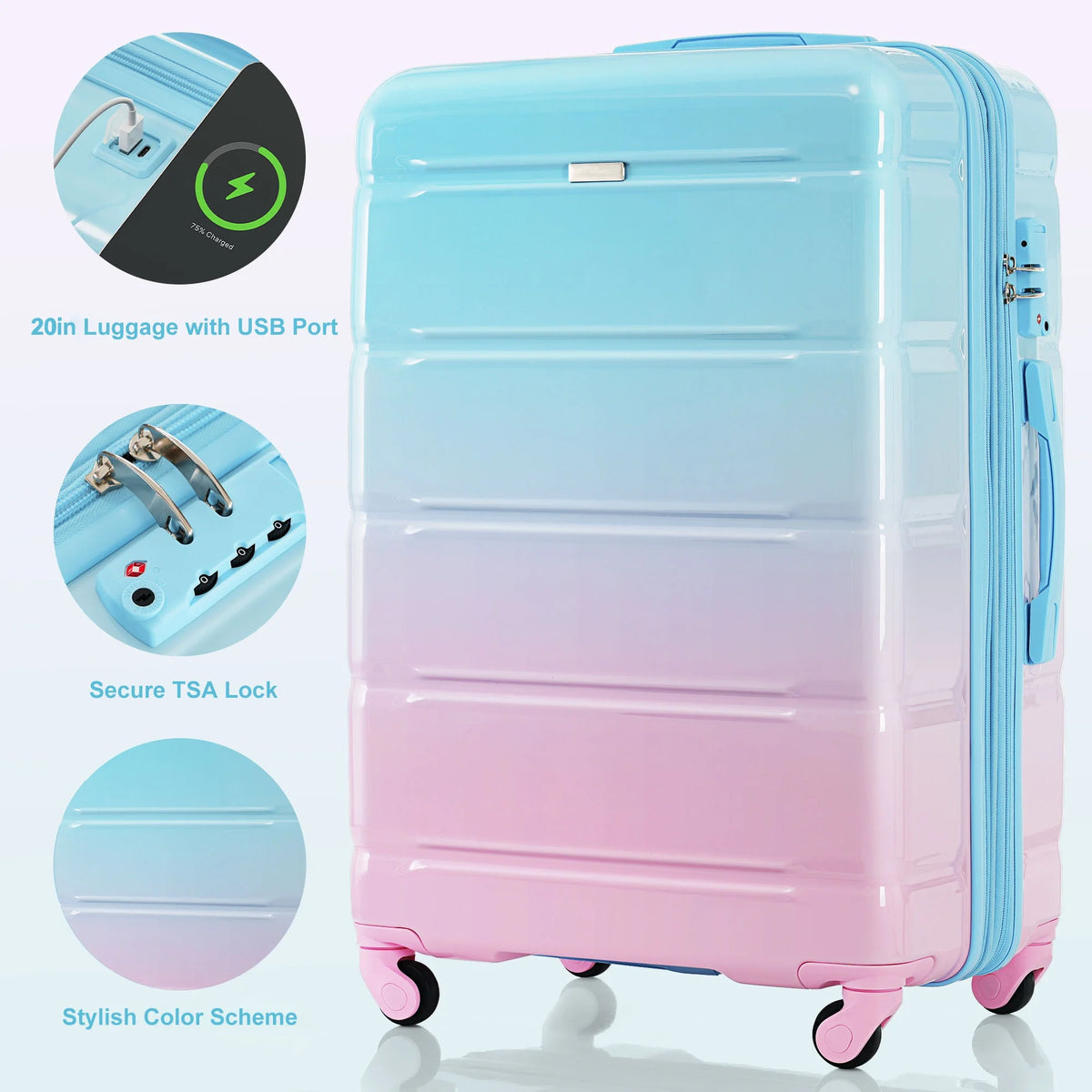 PAPROOS 3-Piece Luggage Set (20''/24''/28''), Hardshell Lightweight Suitcase with USB Port and Side Hooks, Travel Luggage with TSA-Lock, Hardside Rolling Luggage for School, Travel, Pink