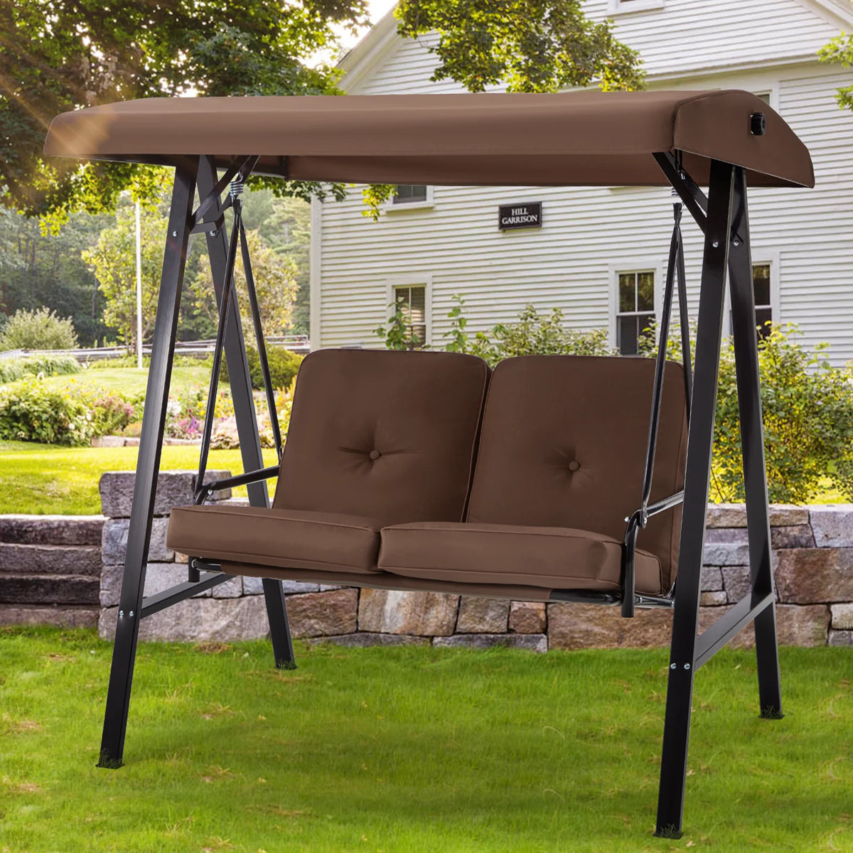 AECOJOY 2 Persons Outdoor Patio Canopy Steel Porch Swing Chair-Beige