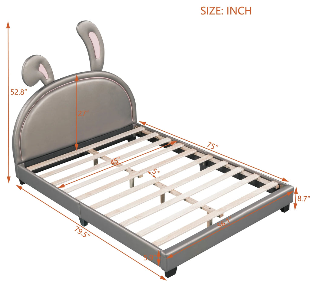 Euroco Upholstered Full Size Platform Bed, PU Cartoon Bunny Bed for Kids, Gray