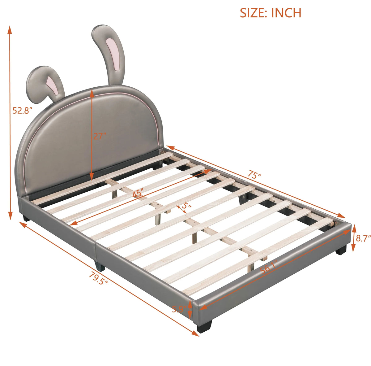 Euroco Upholstered Full Size Platform Bed, PU Cartoon Bunny Bed for Kids, Gray