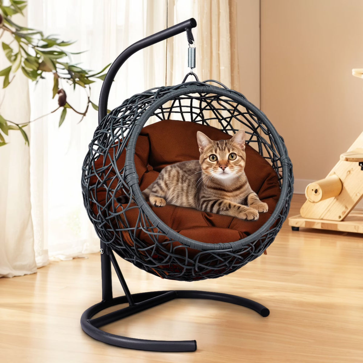 Cat Swing Bed with Stand & Cushion, Cat Egg Chair with Rattan Wicker Appearance, Indoor Hanging Swinging Cat Bed