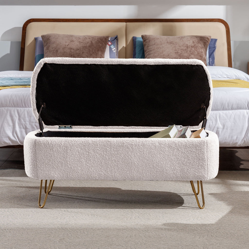 Syngar Entryway Bench with Storage for Bedroom, Living Room, and End of Bed, Faux Fur Ottoman Foot Rest with Storage,Upholstered Bench with Storage with Metal Leg,Ivory