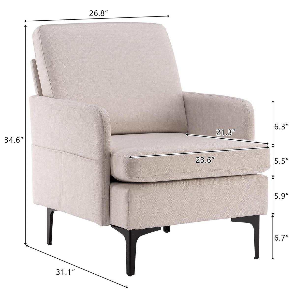 Ktaxon Fabric Accent Chair, Reading Armchair with Removable Cushion, Single Sofa with Extra Seat Depth for Living Room Bedroom Black