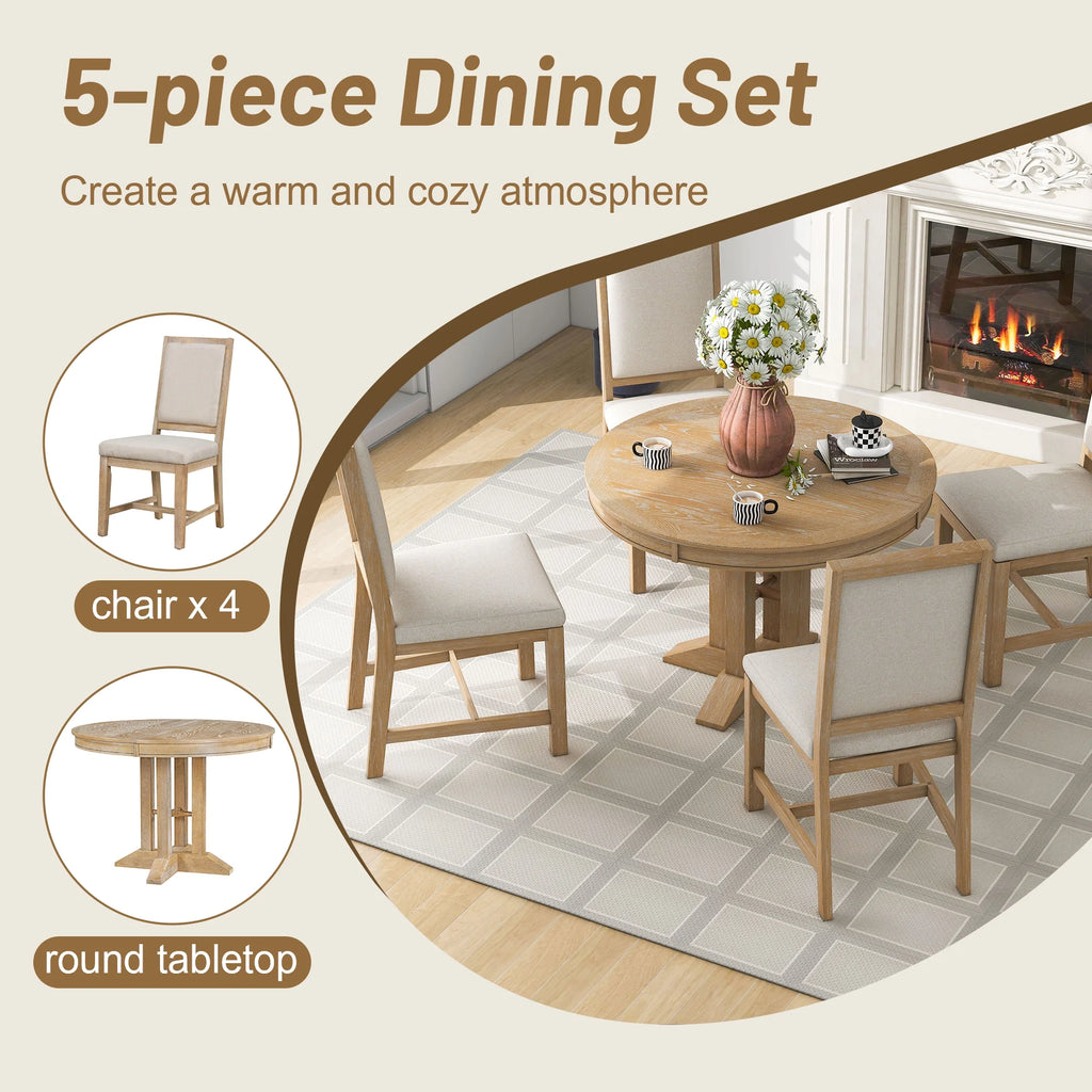 5 Piece Round Dining Table Set, Dining Room Set with Extendable Table and 4 Upholstered Chairs, Wood Dining Table Set for 4, Farmhouse Dining Table Set for Kitchen Dining Room Dorm Apartment, Brown