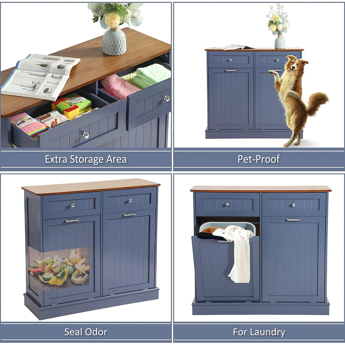 KIGOTY Dual Kitchen Trash Cabinet, Double Tilt Out Trash Can Cabinet with Countertop and Drawer, Free-Standing Pet Proof Recycling Cabinet Garbage Can Holder, Wood (White)
