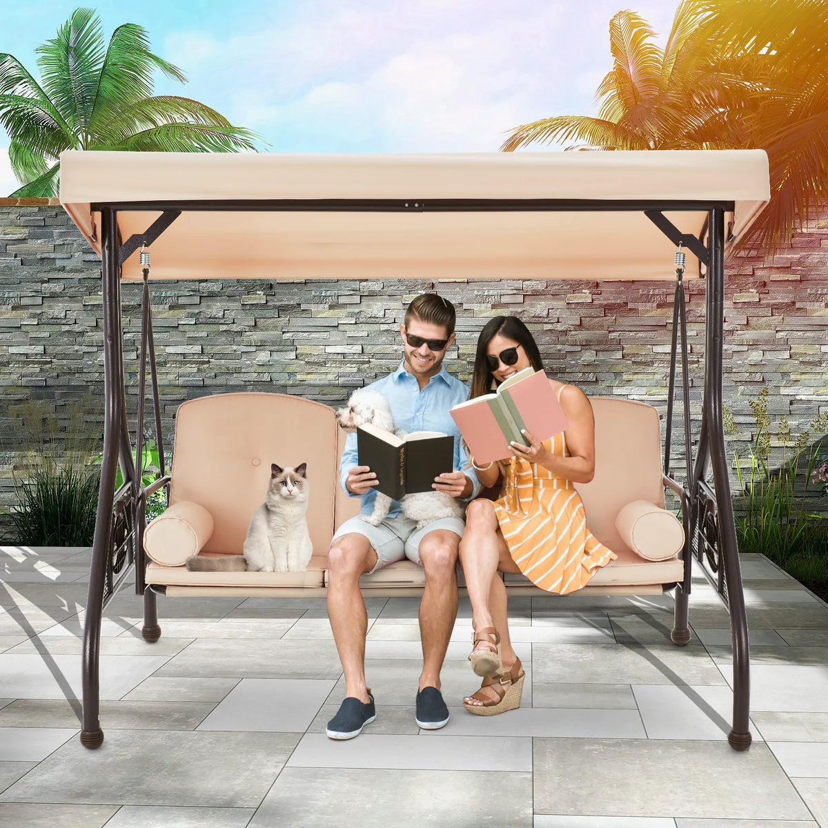 Homrest 3 Seat Outdoor Porch Swing with Adjustable Canopy, Cushions, and Cup Holder - Wine Red