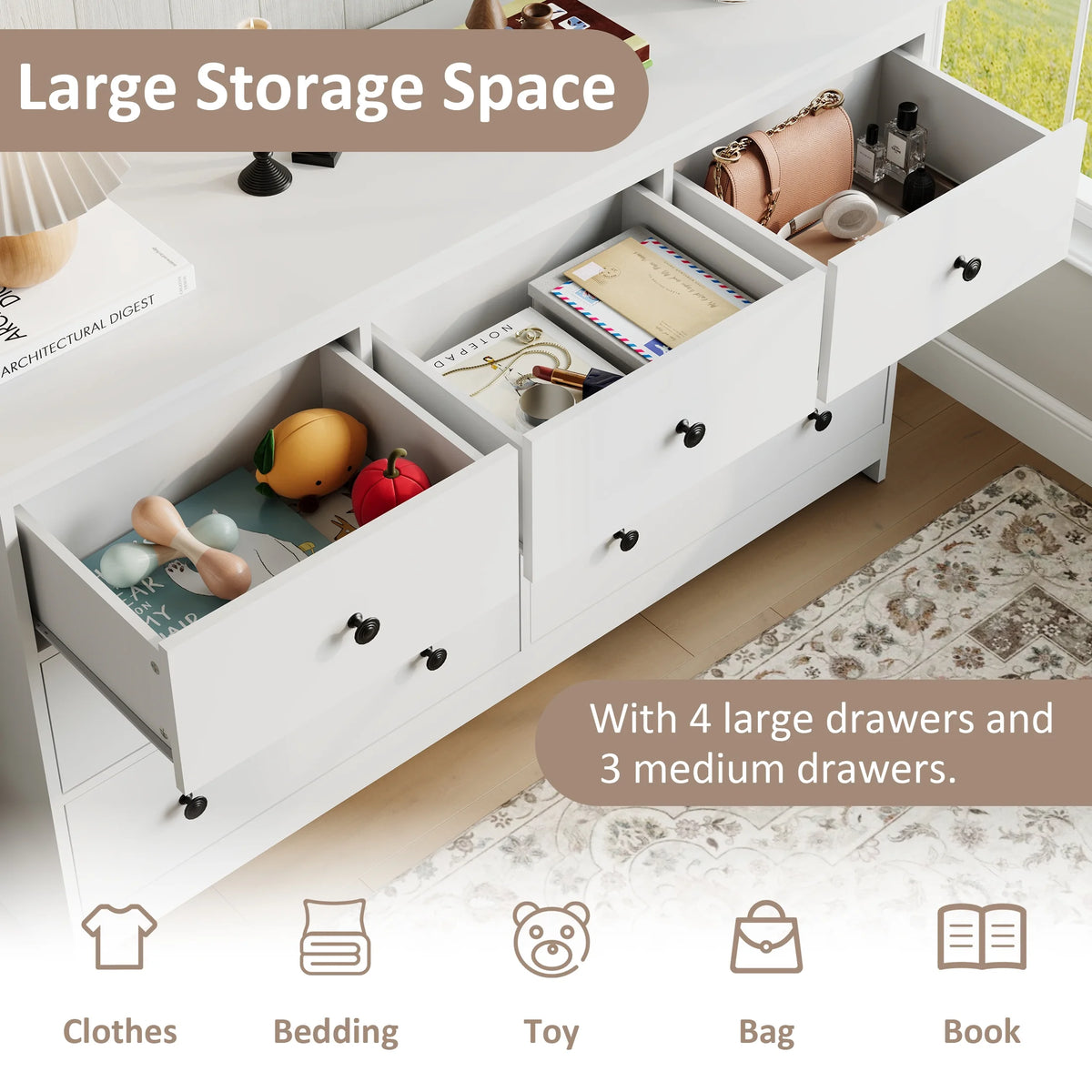 YouTrend 7 Drawer Dresser,White Dresser for Bedroom Drawer Organizer Storage Drawers,Wood Adult Storage Cabinet Living Room Hallway