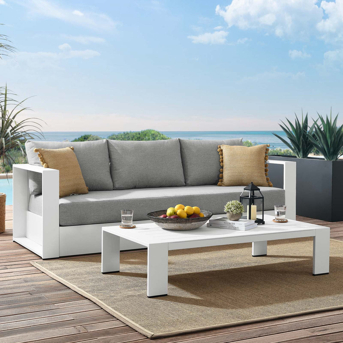 Lounge Sofa Table Set, Grey Gray, Aluminum, Metal, Fabric, Modern Contemporary, Outdoor Patio Balcony Cafe Bistro Garden Furniture Hotel Hospitality