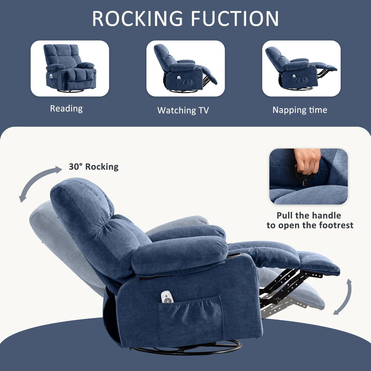 JONPONY Manual Recliner Chair with Heat Therapy and Massage Function, Heavy Duty Reclining Mechanism Massage Chair, Elderly Single Rocker Sofa with Cup Holders for Bedroom Home Theater,Grey