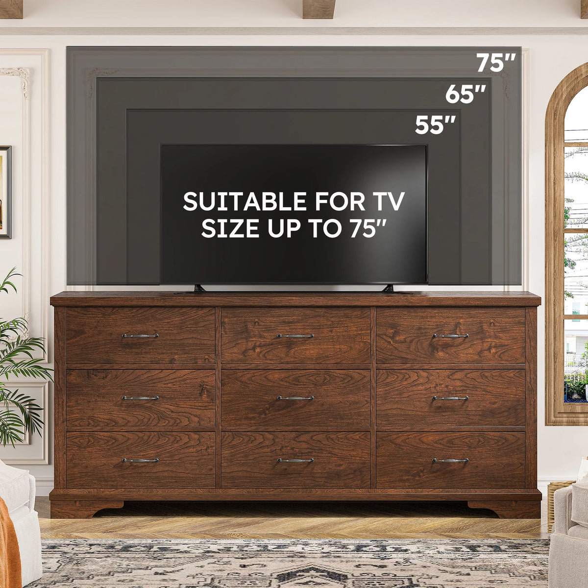 EnHomee Wood Dresser for Bedroom 9 Drawer Dressers&Chest of Drawers 63"L x 15.7"W x 31.5"H,Brown