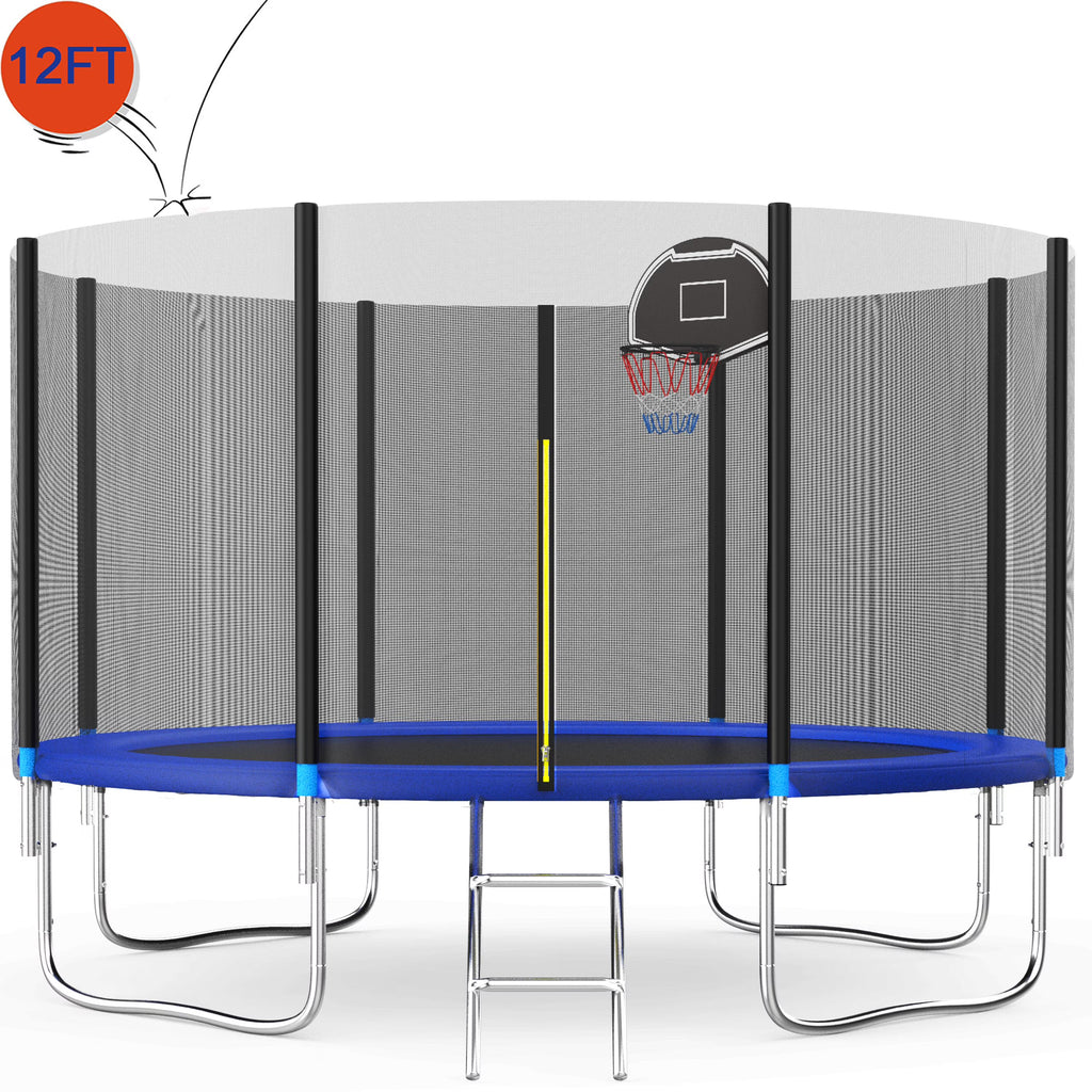 Trampoline Outdoor, 14FT Kids Trampoline with Enclosure Net and Ladder, Upgrade All-Weather Round Trampoline Curved Design with 5 Heavy-Duty Steel Legs