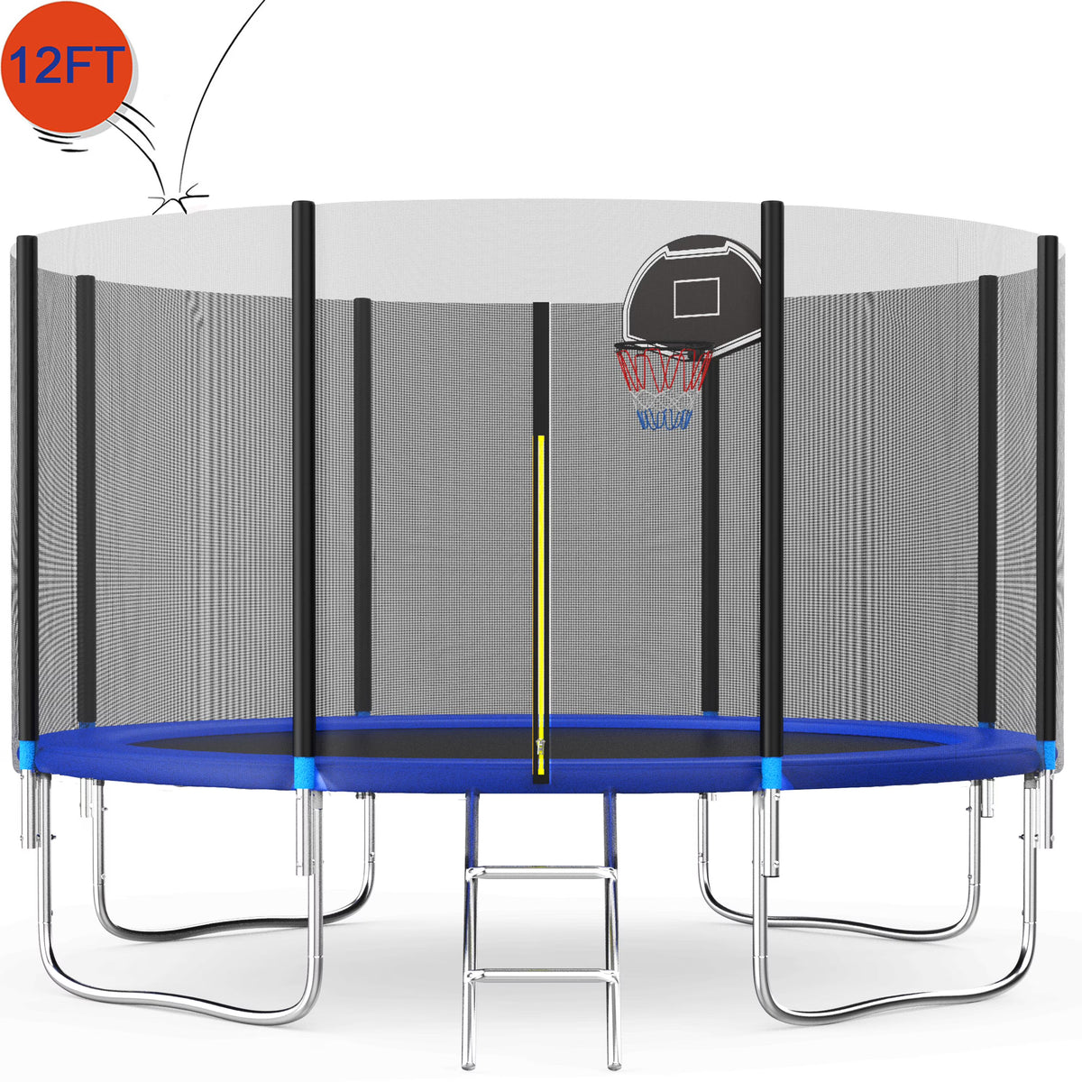 Trampoline Outdoor, 14FT Kids Trampoline with Enclosure Net and Ladder, Upgrade All-Weather Round Trampoline Curved Design with 5 Heavy-Duty Steel Legs