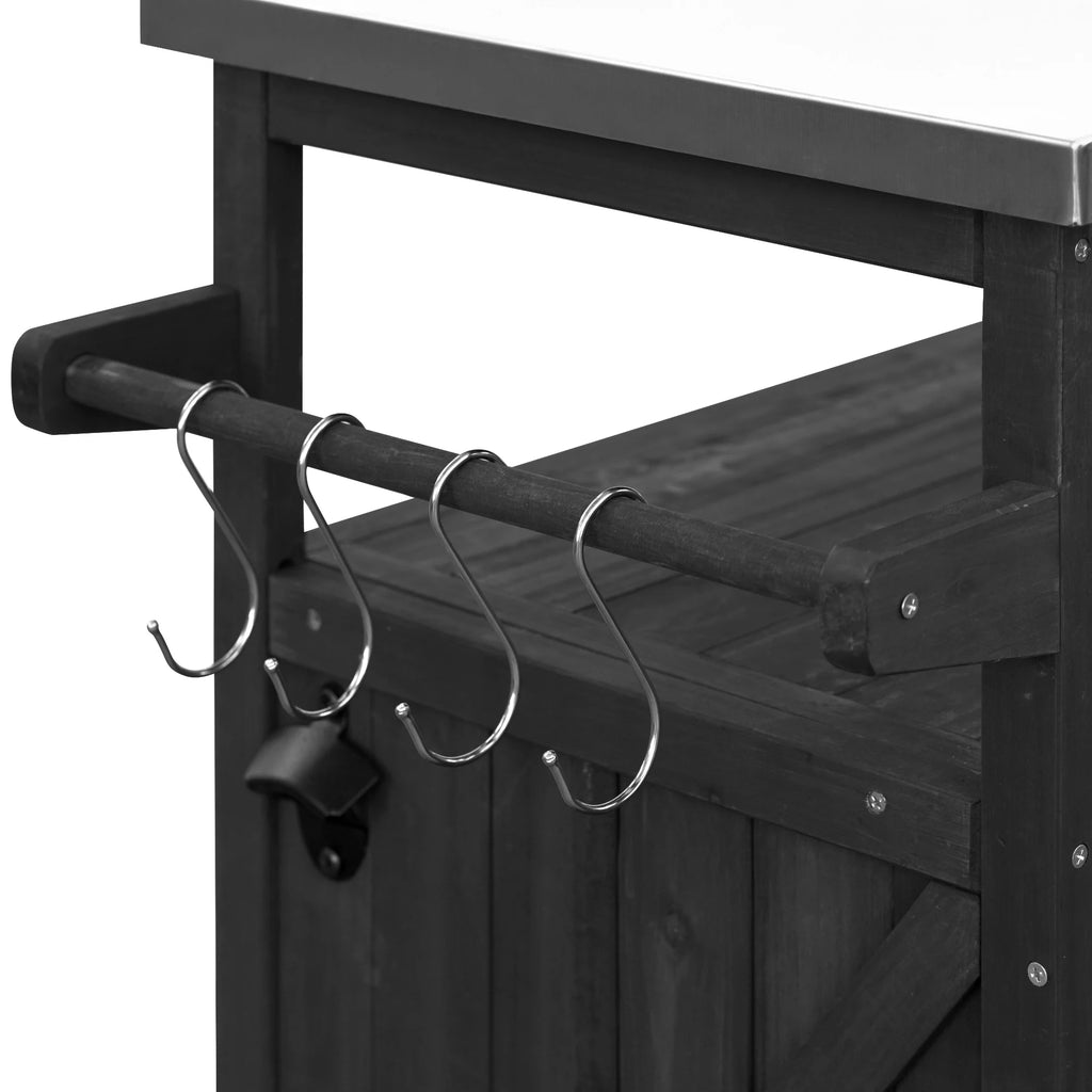 Outdoor Kitchen Island, Rolling Bar Cart & Storage Cabinet, Farmhouse Solid Wood Outdoor Grill Table with Stainless Steel Top, Spice Rack , Towel Rack for Kitchen & BBQ , Natural