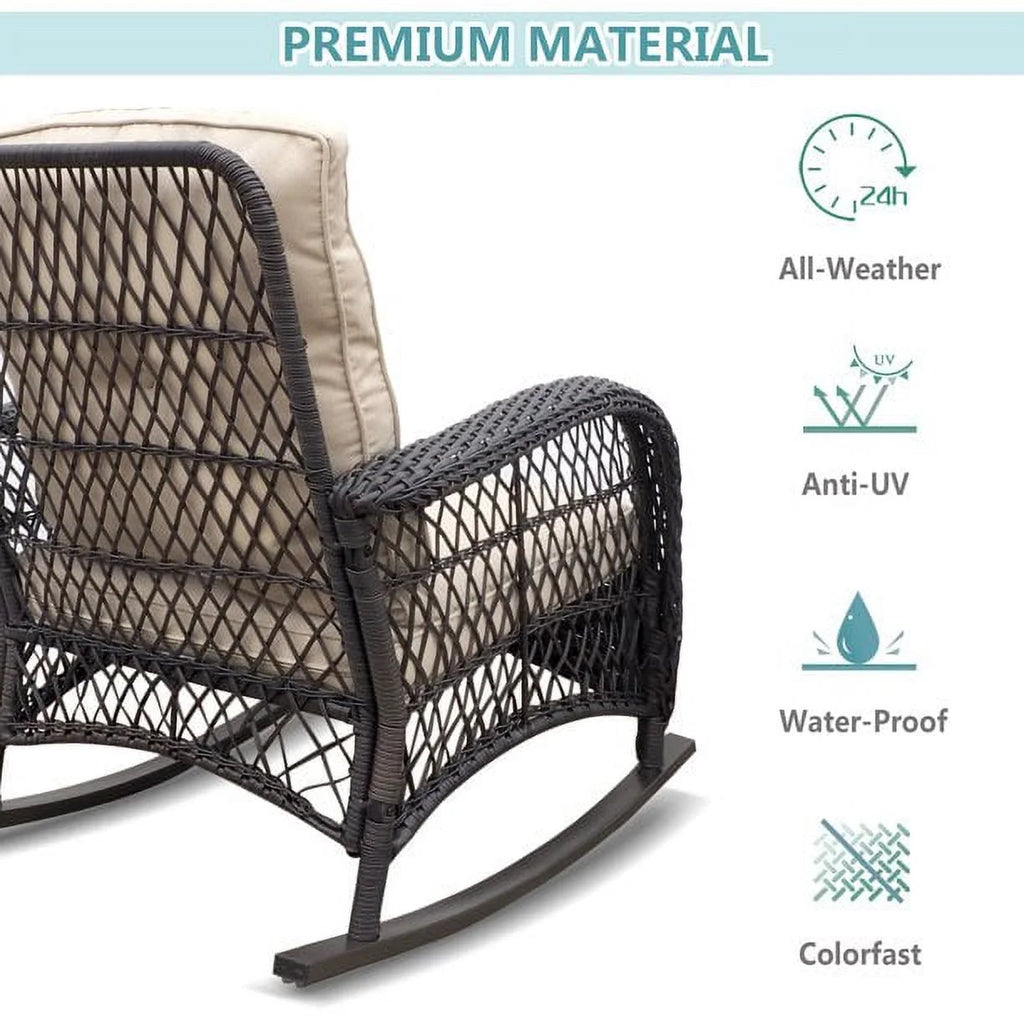 JP Outdoor 3Pcs Outdoor Wicker Rocking Porch Chairs with Coffee Table,Kahki