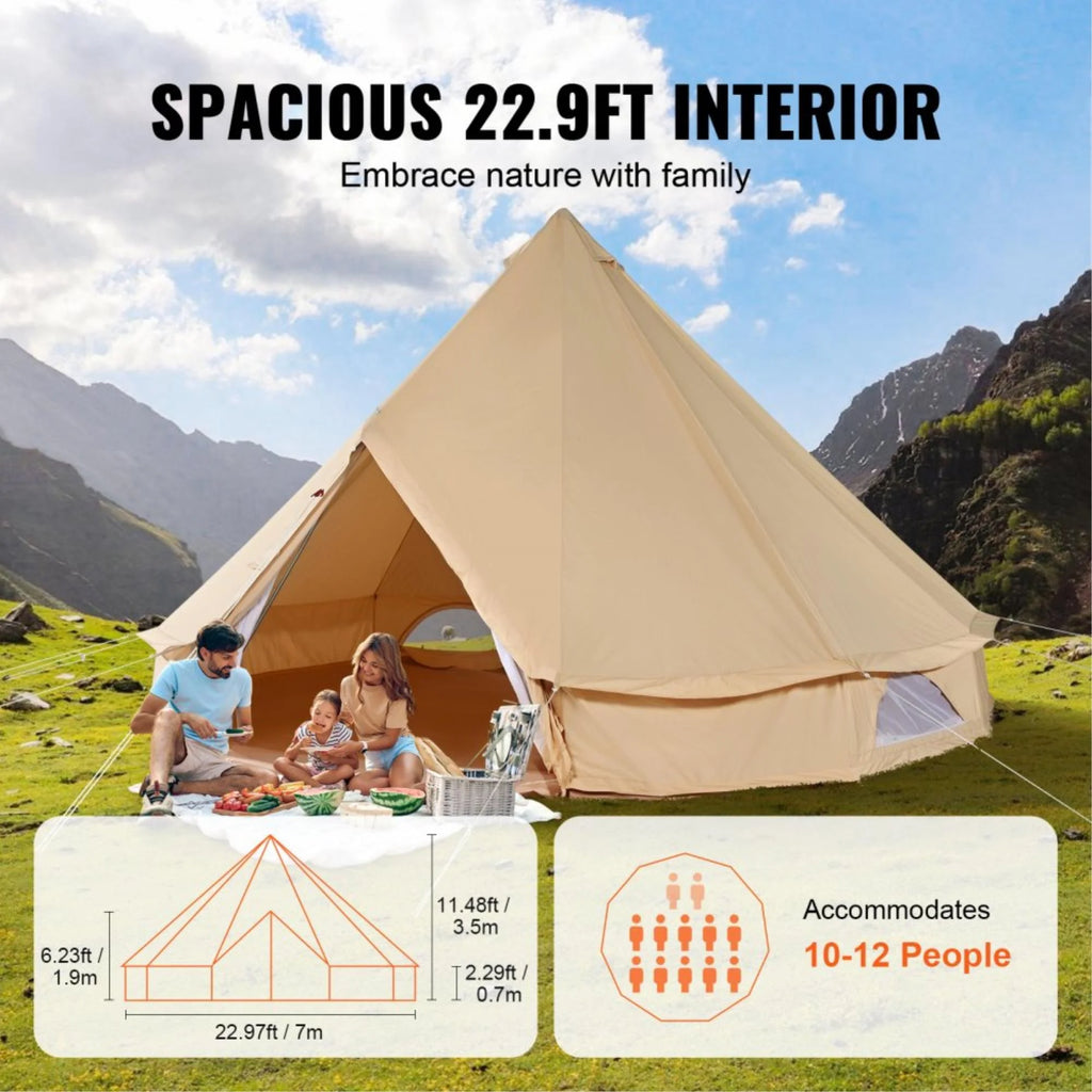 12-Person Waterproof Glamping Bell Tent with Stove Jack, Breathable Large Yurt Tent for Family Camping, 23'x23', Detachable Side Wall