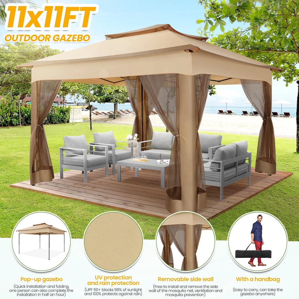 HOTEEL 11x11 Outdoor Waterproof Gazebo, Pop up Canopy Gazebo with Mosquito Netting & UV Protection for Parties, Camping, Weddings, and Backyard Events, Gray