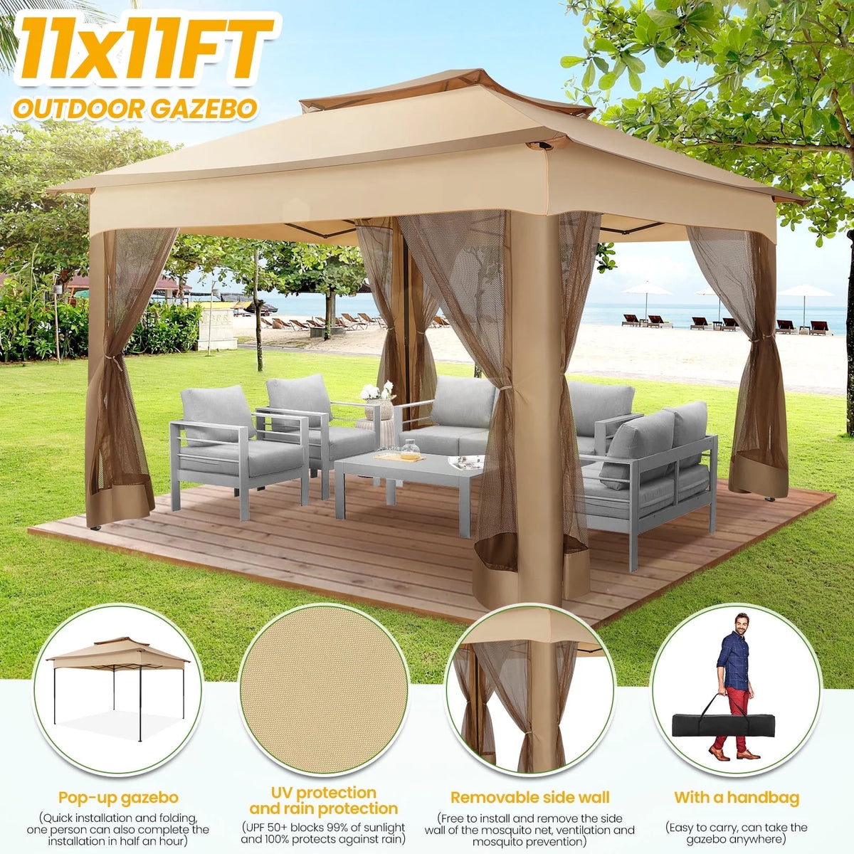 HOTEEL 11x11 Outdoor Waterproof Gazebo, Pop up Canopy Gazebo with Mosquito Netting & UV Protection for Parties, Camping, Weddings, and Backyard Events, Gray