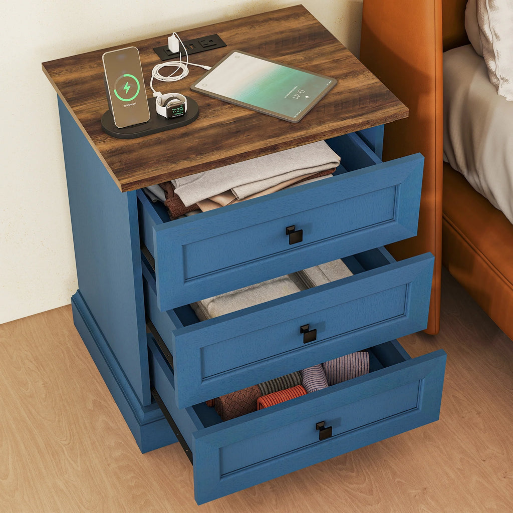 FIAKOA Night Stand Set of 2 with Charging Station, Bedside Table with 2 Drawers Storage and Open Shelf, White Farmhouse Nightstands  for Bedroom Office