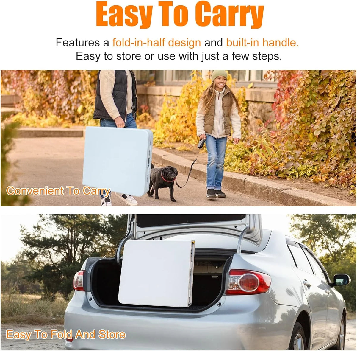 Folding Table with Carry Handle, Portable Fold-in-Half Plastic Table, Rectangle Foldable Table for Indoor