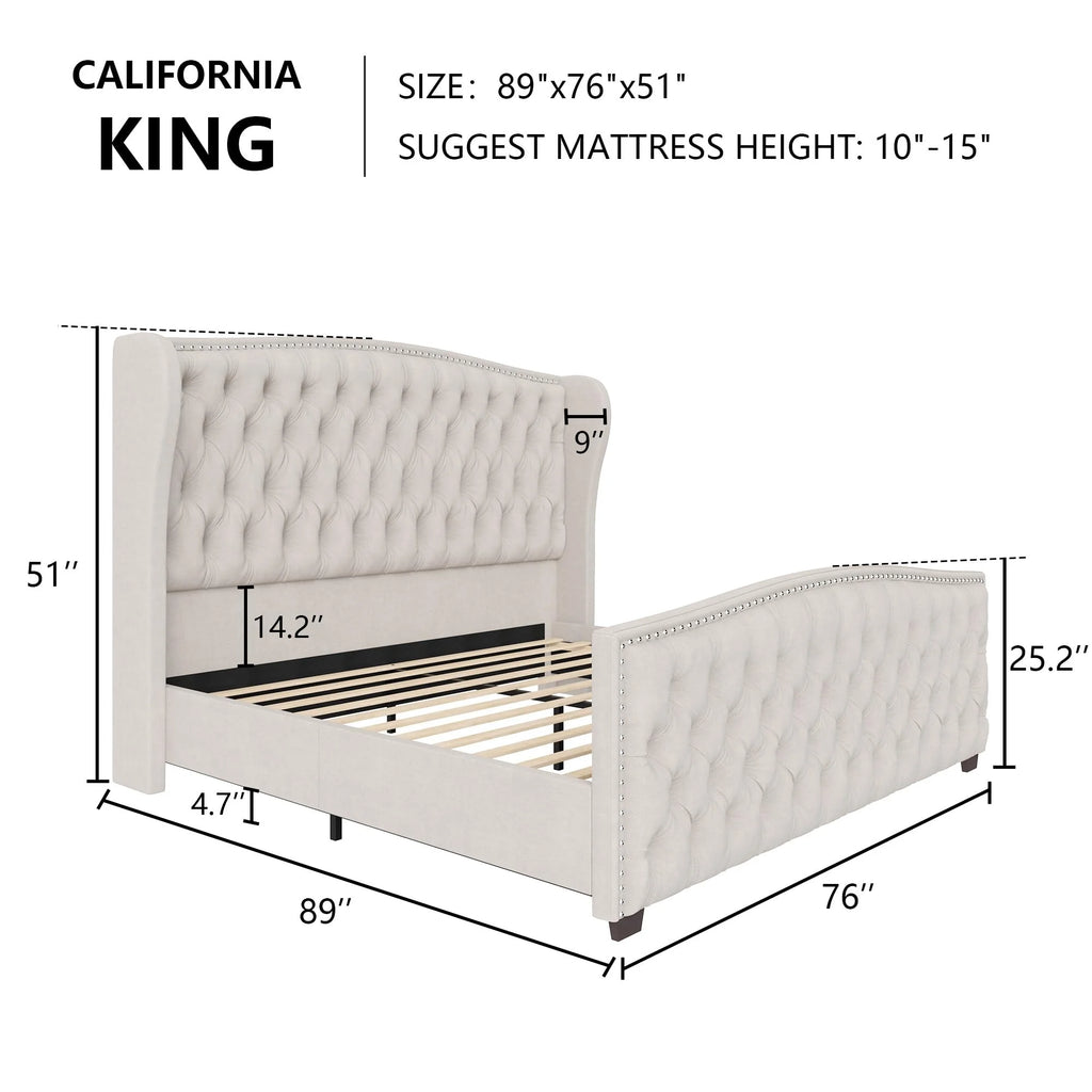 VANACC Queen Size Bed Frame, Velvet Upholstered Bed with Deep Button Tufted Wingback Headboard Grey