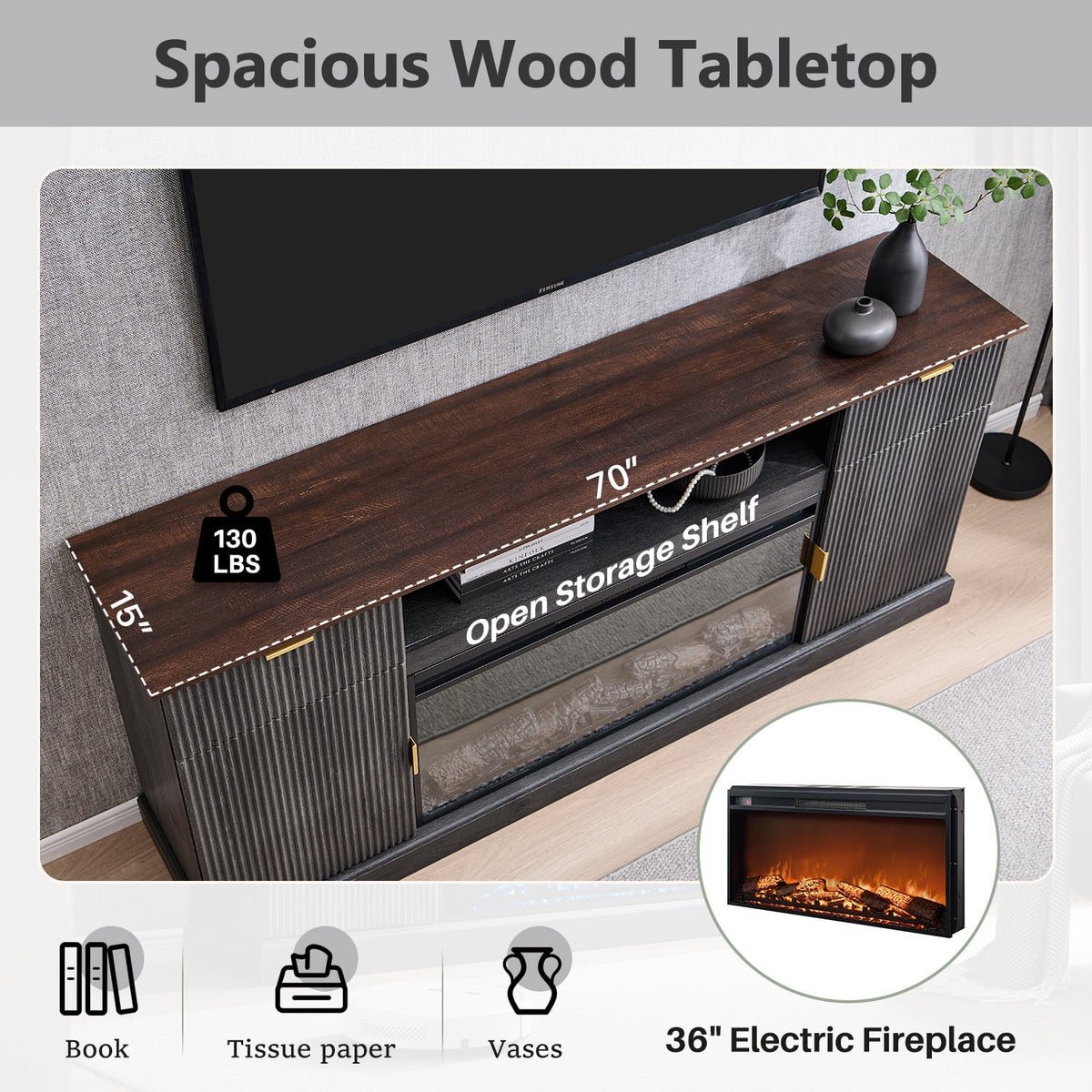 SinCiDo Fluted Fireplace TV Stand for 80 inch, Entertainment Center with 36" Electric Fireplace, 2 Drawers and Adjustable Shelves, Wood TV Stand for Living Room