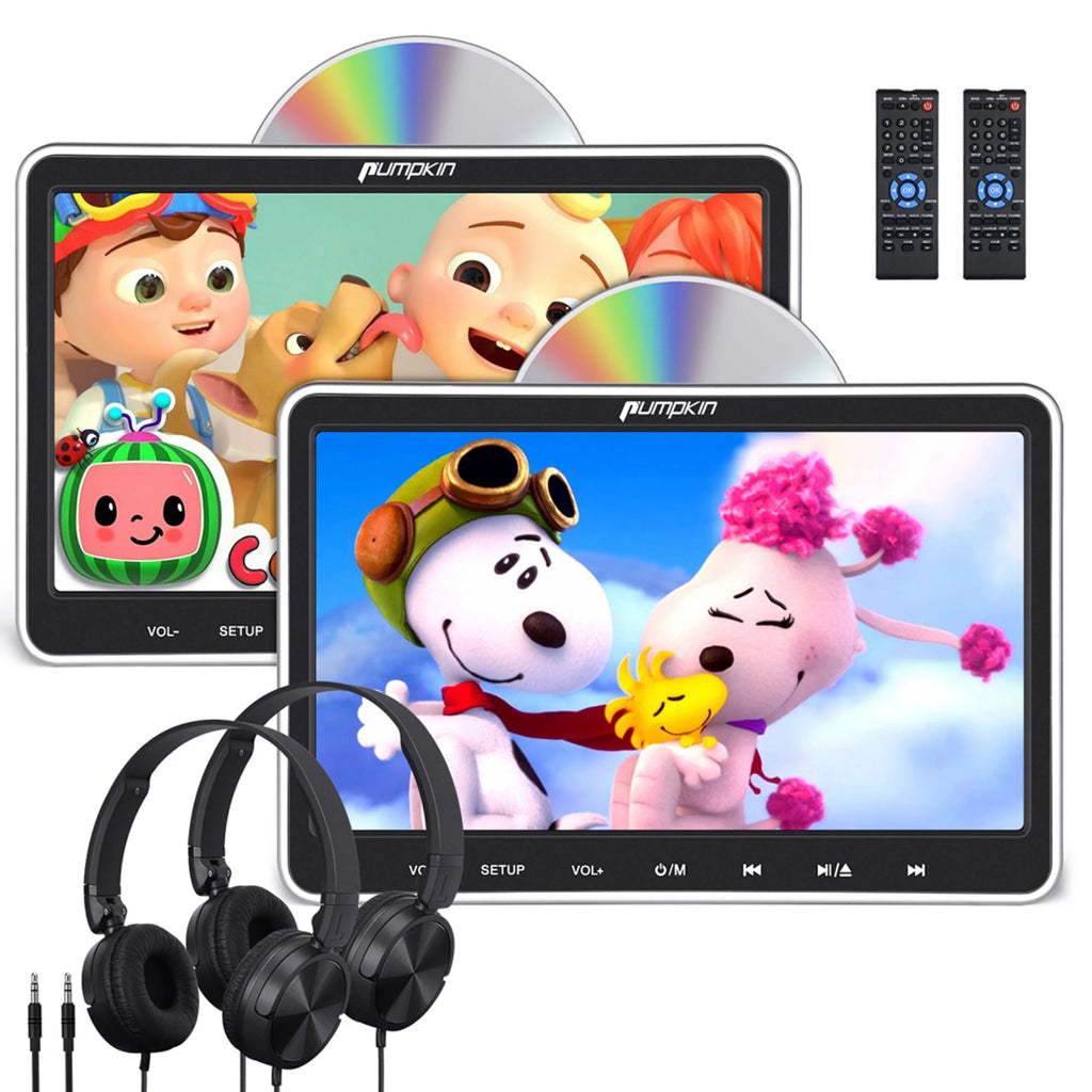 Pumpkin 10.1 Dual Headrest DVD Players for Car with Headphones, 2 Mount Brackets HDMI Input Region Free Last Memory