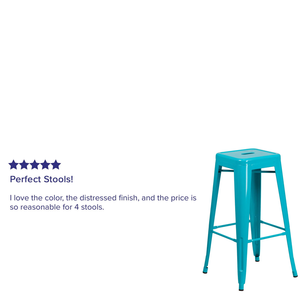 Merrick Lane Crystal Blue 30" High Backless Metal Bar Height Stool with Square Seat for Indoor-Outdoor Use