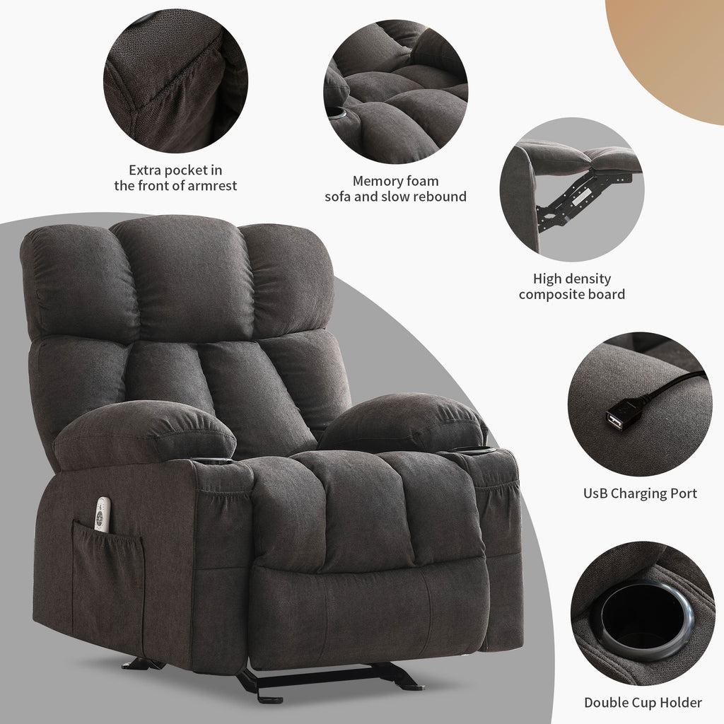 JONPONY Manual Recliner Chair with Heat Therapy and Massage Function, Heavy Duty Reclining Mechanism Massage Chair, Elderly Single Rocker Sofa with Cup Holders for Bedroom Home Theater,Grey