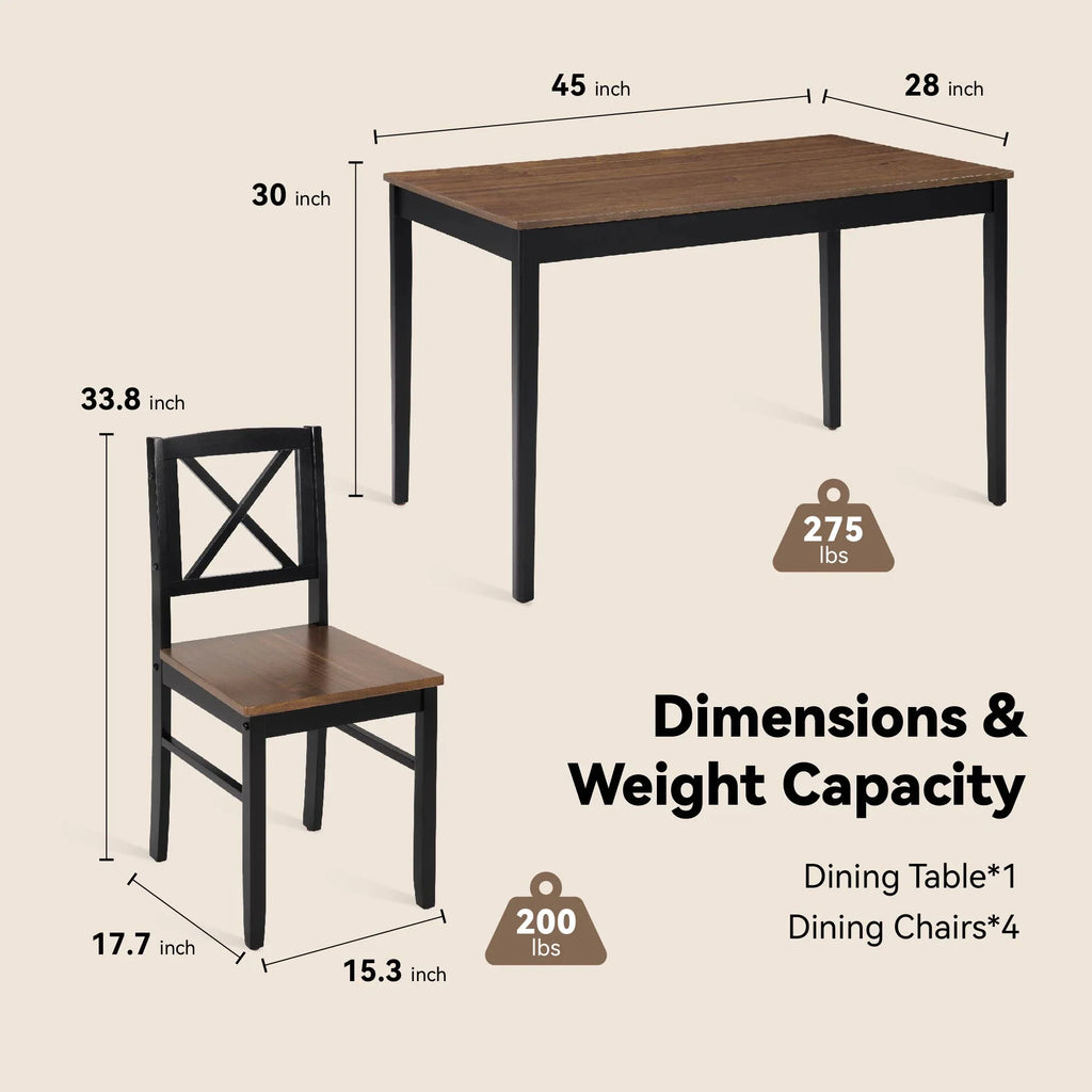 Seizeen Solid Wood Kitchen Table and Chairs, Dining Room Table Set for 4 with Gray Upholstered Chairs, Wood Grain Table Heavy-Duty Frame, Rustic Minimalist Style Breakfast Nook Set