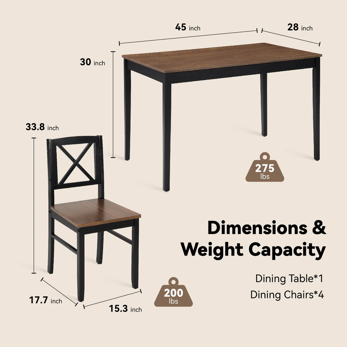 Seizeen Solid Wood Kitchen Table and Chairs, Dining Room Table Set for 4 with Gray Upholstered Chairs, Wood Grain Table Heavy-Duty Frame, Rustic Minimalist Style Breakfast Nook Set