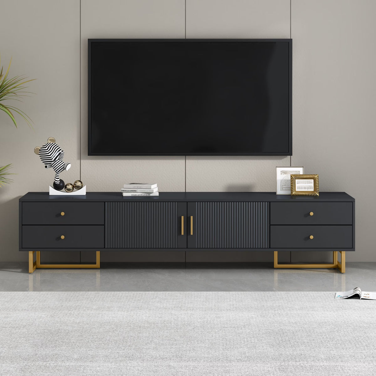 DEALTOPS Stylish TV Stand with 4 Drawers, Spacious Media Console with Metal Legs for TVs Up to 75'', Black