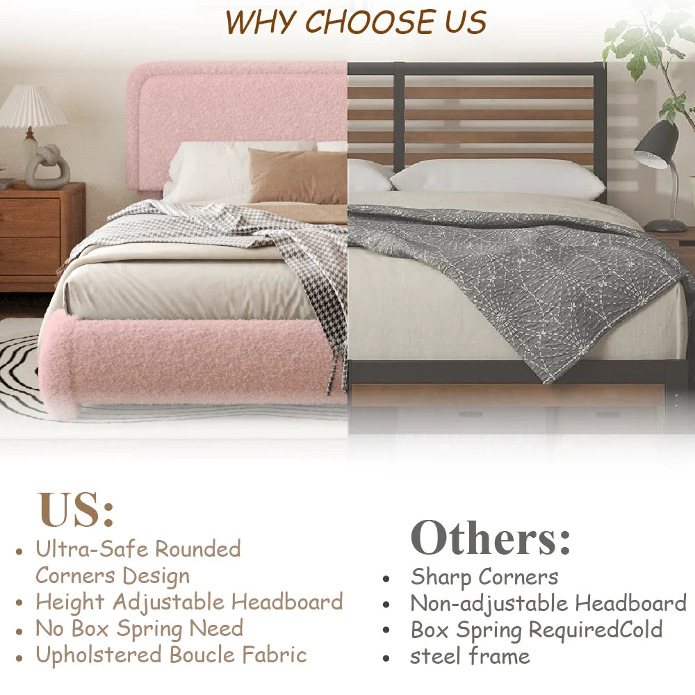 VIPLOV King Size Boucle Bed Frame, Cloud Upholstered Platform Bed with Height Adjustable Headboard & Soft Rounded Corners, No Noise Free, Easy Assembly,Beige