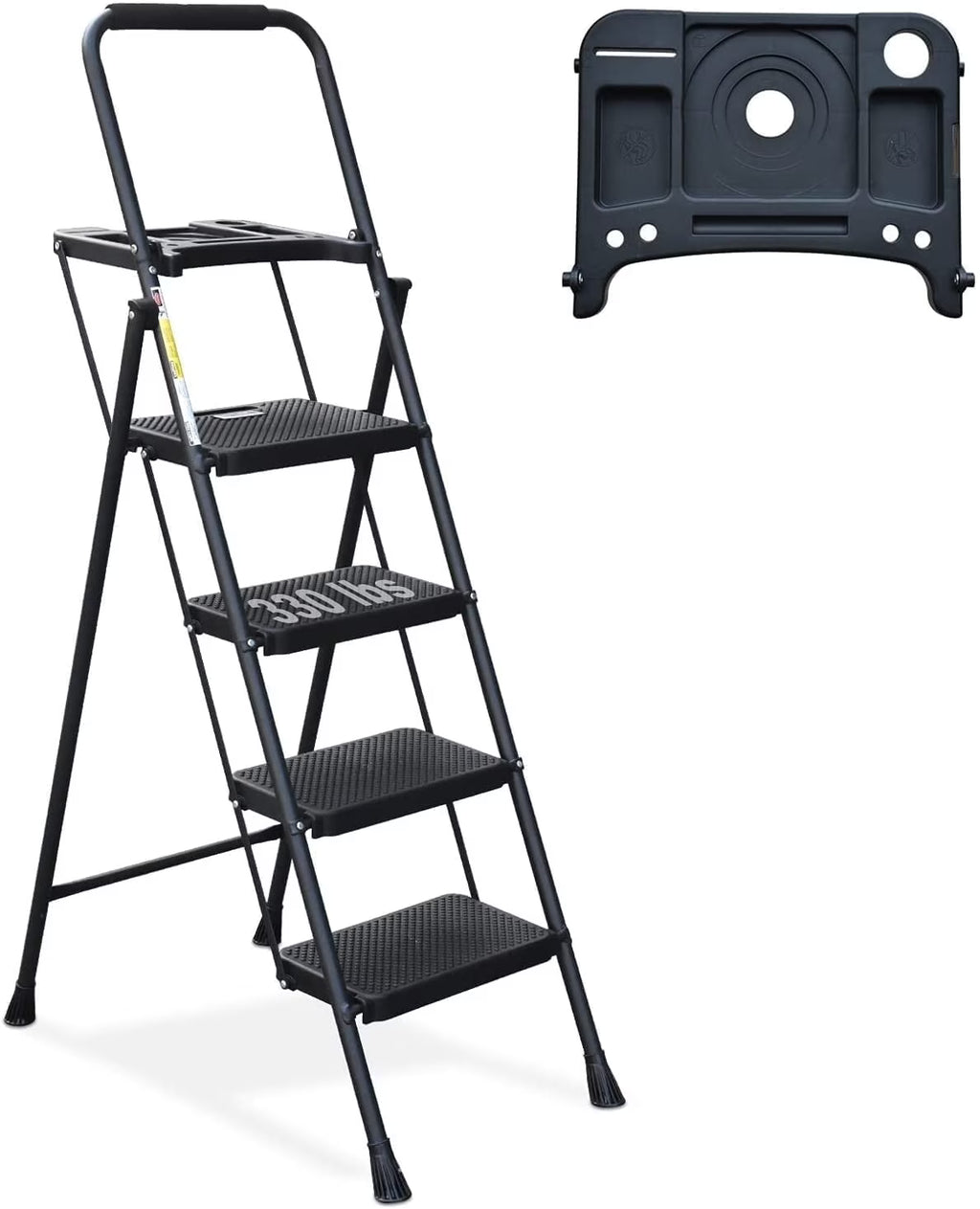 HBTower 4 Step Ladder with Handrails and Tool Bag, Folding Step Stool with Attachable  Anti-Slip Wide Pedal, Black