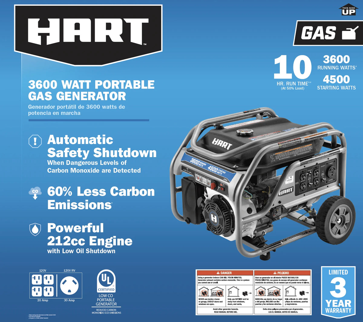 Hart 3600W UL Generator with CO Protection & Auto Shutdown