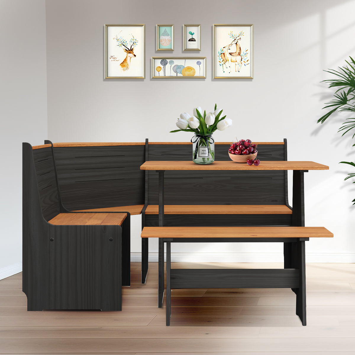 Breakfast Nook Kitchen Corner Dining Table Bench Chair Set, Space-Saving 3-4 Seat L-Shape Farmhouse Mid Century Modern Style for Family Home Black Wood