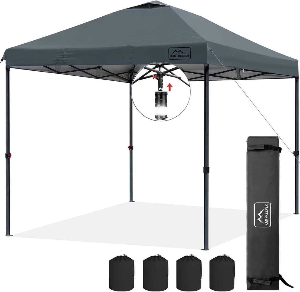 KAMPKEEPER One Person Setup 10x10 Pop up Canopy Tent, Instant Portable Canopy, One Push Outdoor Canopy with 3 Adjustable Heights, Wheeled Carry Bag, Bonus 8 Stakes and 4 Ropes(Dark Grey)
