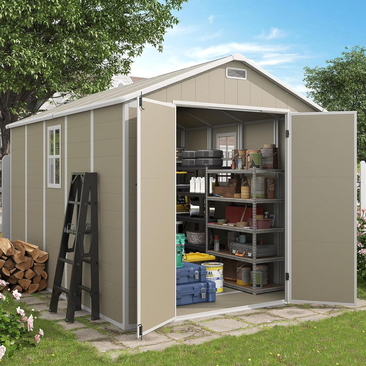 ELPOSUN Outdoor Storage Shed 6x4.5 ft, Resin Outside Sheds & Outdoor Storage Plastic for Trash Can, Bike, Lawnmower, Generator, Tool Shed with Lockable Door for Backyard, Lawn, Patio, Grey & White
