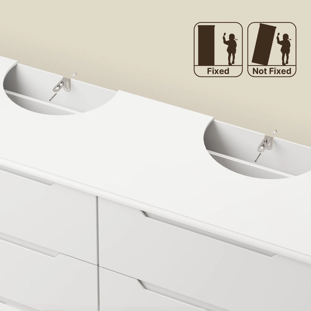Dresser for Bedroom, Lofka 6 Drawer Double Dresser with Cutout Handles, Large Storage Capacity, Anti-Tip Safety, Modern Wood Chest of Drawers, Smooth Metal Rail, White