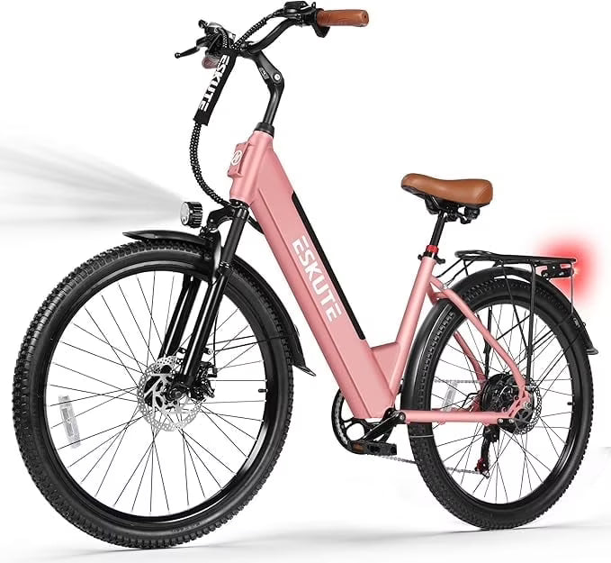 ESKUTE Pkin Electric Bike for Adults - Peak 1500W Brushless Motor, 19MPH, 500W Motor 48V14Ah Removable Battery, 26" Step-Thru Cityrun Ebike, 7-Speed, Up 70 Miles, Commuter E-Bike, with NFC Unlock