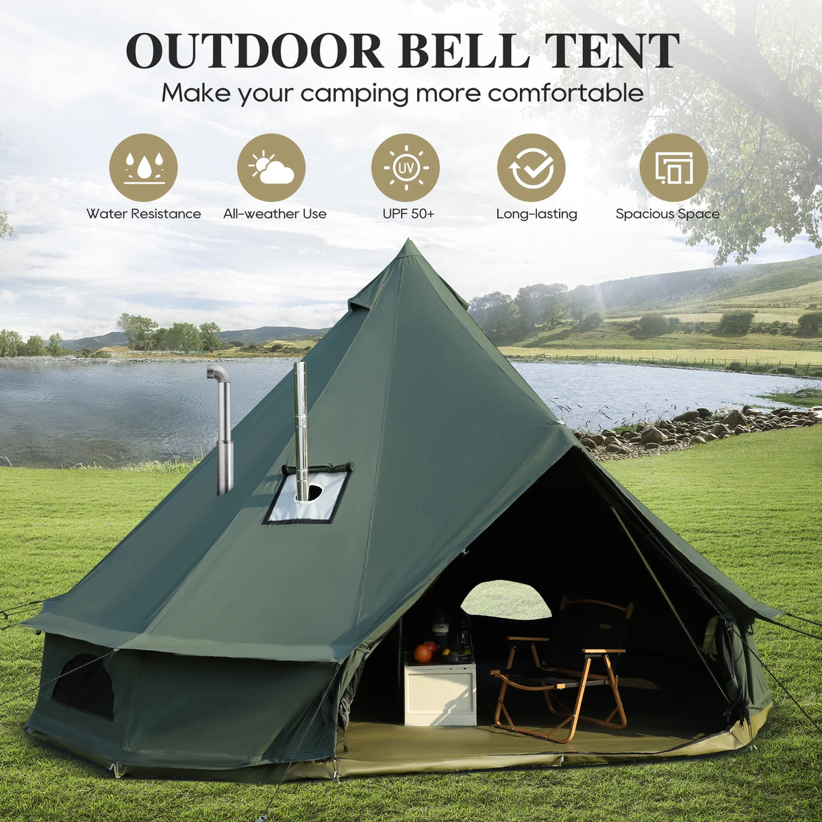 LVUYOYO Bell Tent for Camping, Cotton Canvas Bell Tent with Stove Jack, Outdoor Canvas Bell Tent for Family Glamping Camping, 4 Season Tent with Zipped Removable Floor,5M,Green