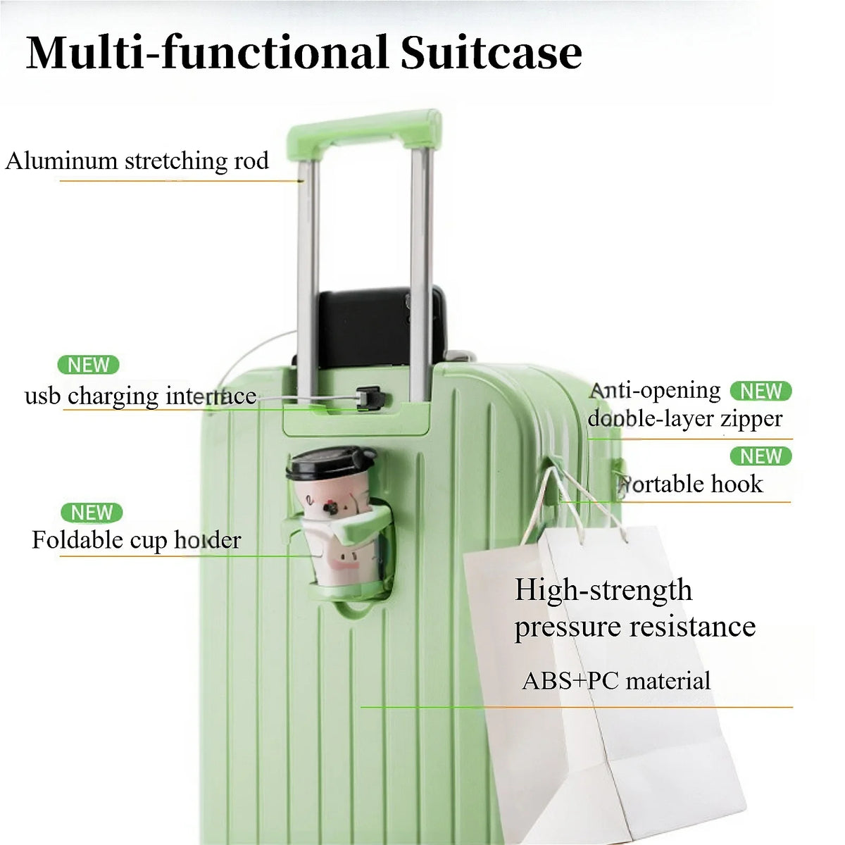 20" Expandable Luggage with Spinner Wheels+UBS+Cup Holder+Side Hooks ,ABS+PC,Multifunctional Suitcases with Wheels(BLUE)