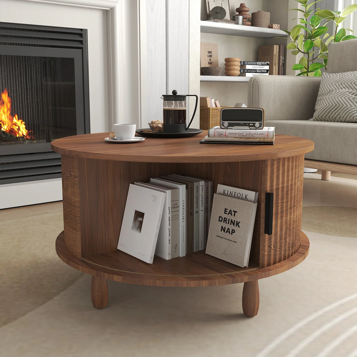 RUMLIVE Round Coffee Table with Storage, 30.7" Modern Coffee Table with 360 Curved Sliding Door, Fluted Wood Coffee Table with Footpads, Round Center Table for Living Room, Black