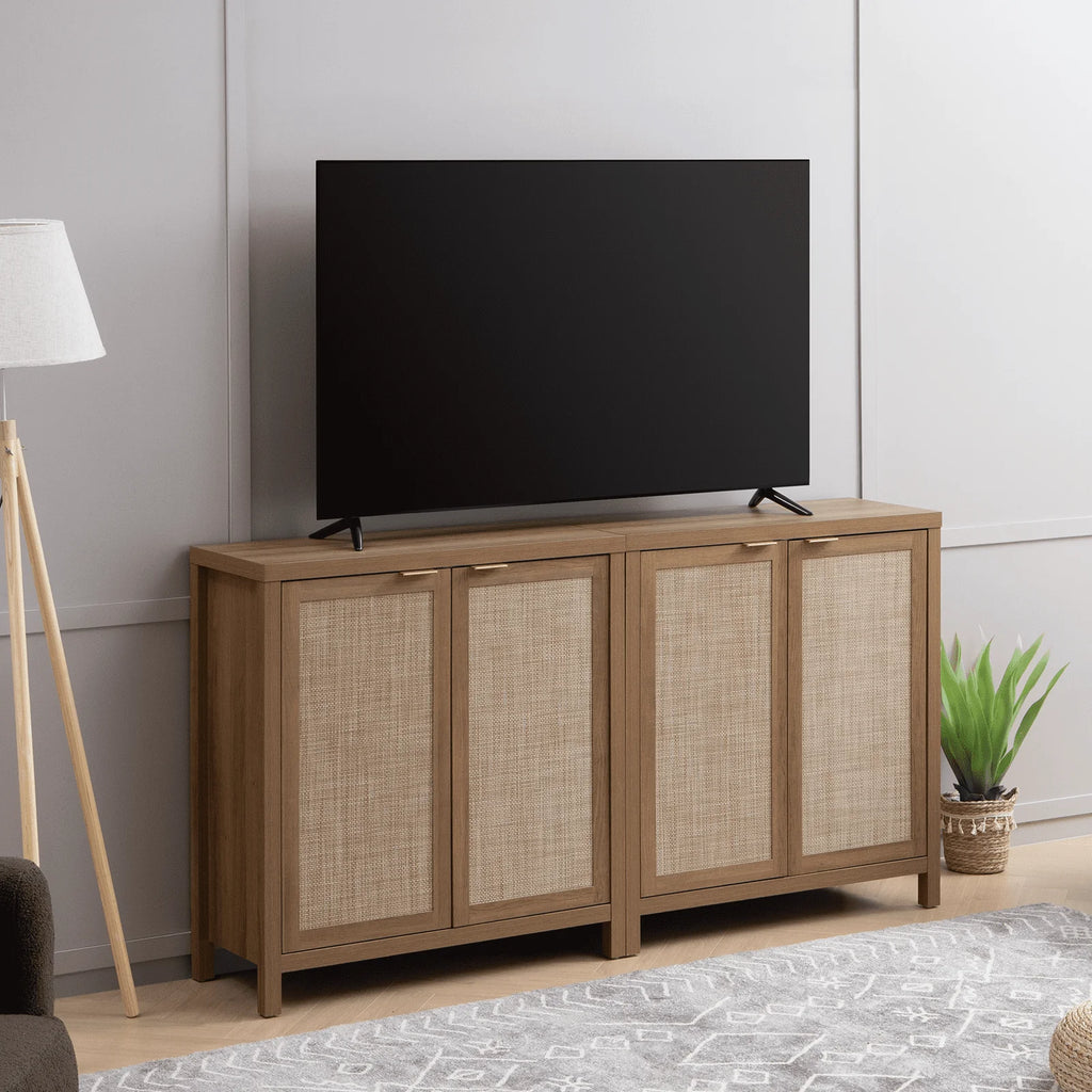 Sanspredet Sideboard Buffet Cabinet Set of 2, Rattan Cabinet with Doors Farmhouse Kitchen Storage Cabinet, Boho Liquor Cabinet Accent Cabinet