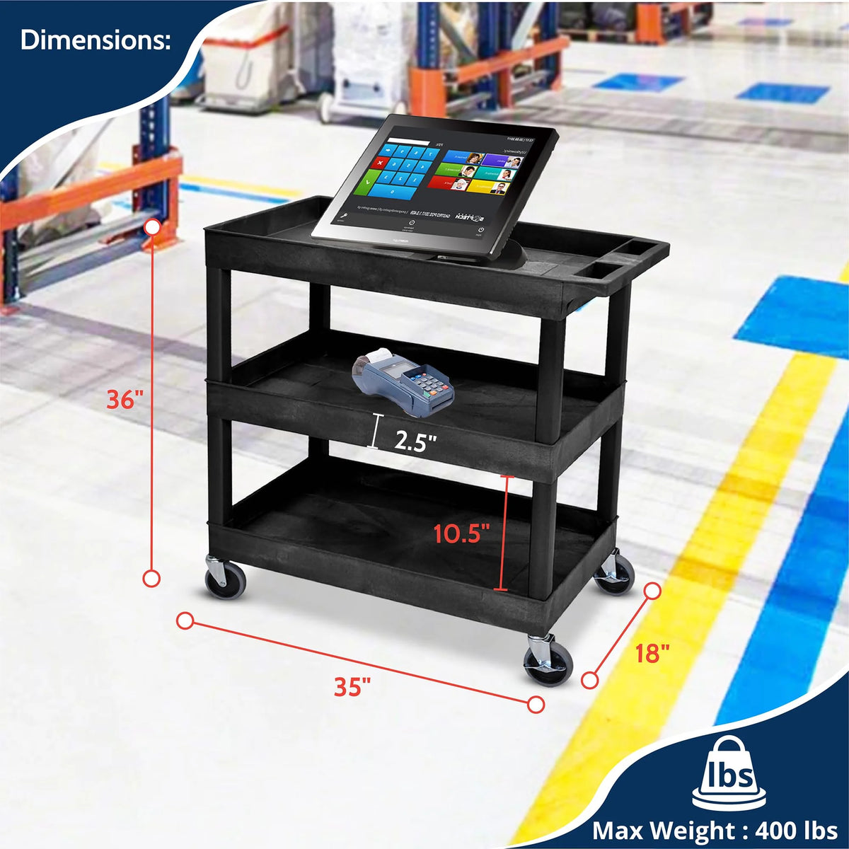 Luxor Rolling 3-Shelf Utility Cart, HDPE Black