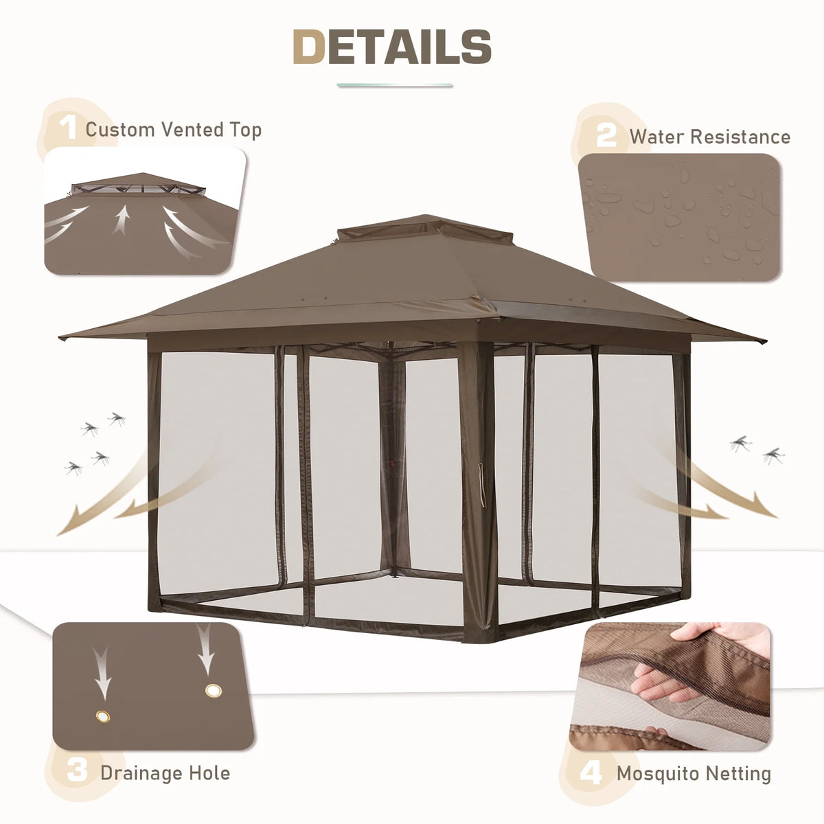 EAGLE PEAK 13' x 13' Pop-Up Gazebo Tent Instant w/Mosquito Netting，Outdoor Gazebo Canopy Easy Set-up Folding Shelter (Beige/Brown)