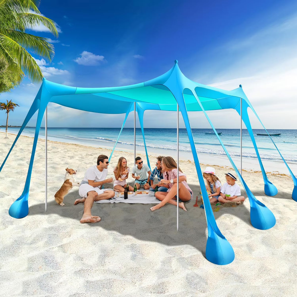 Rhino Valley Beach Tent Sun Shelter, Beach Canopy Tent Sun Shade U PF 50+ Protection with 8 Sandbags 4 Stability Poles, Outdoor Beach Shade Canopy for Beach, Camping, Fishing