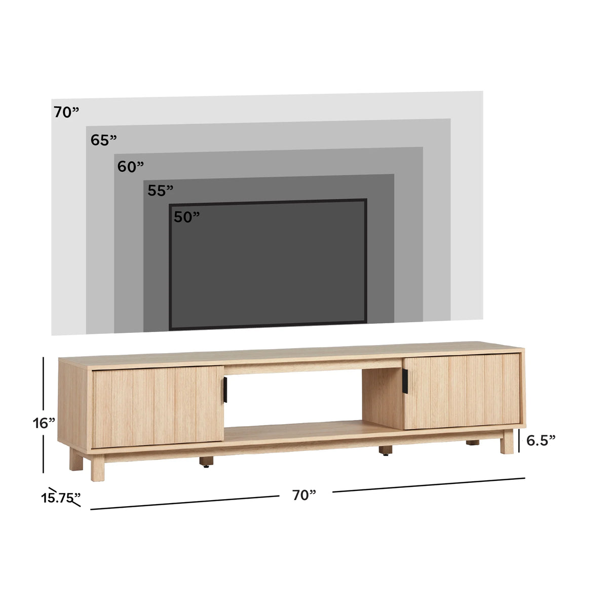 Walker Edison Mid-Century Modern Reeded 2-Door TV Stand for TVs up to 80, Coastal Oak